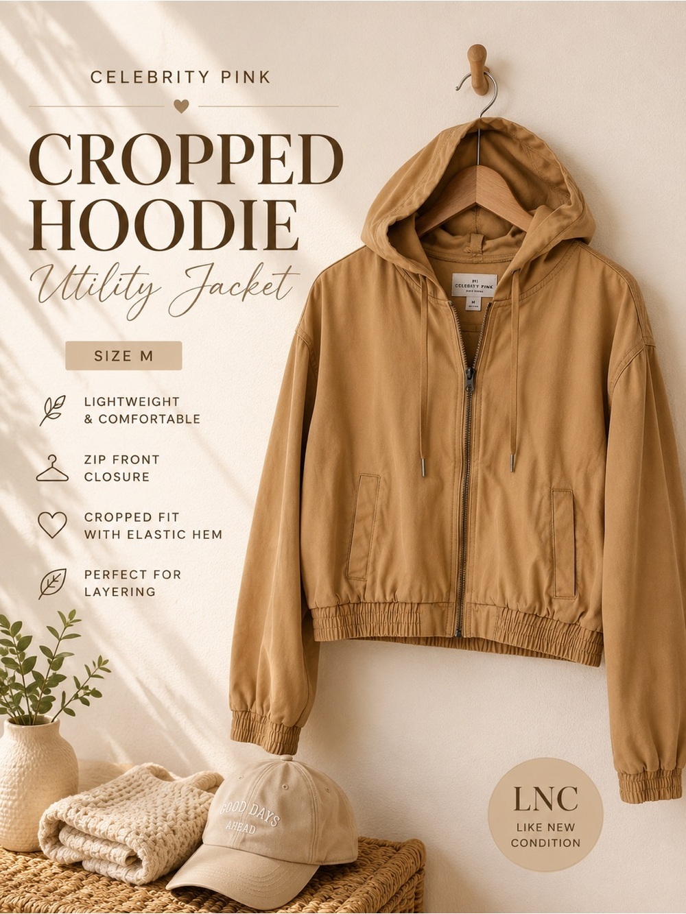 Celebrity Pink Cropped Utility Hoodie Jacket Tan Size M